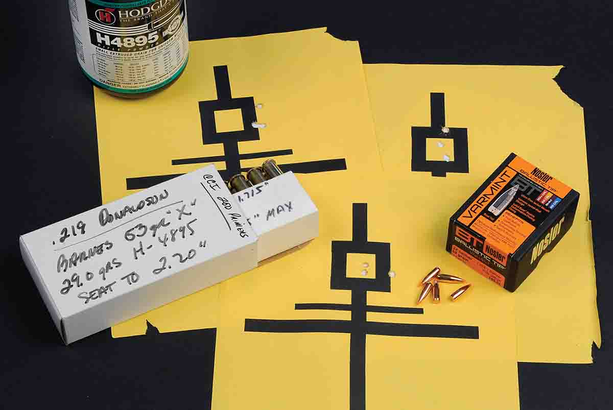 In testing the Wasp with numerous bullets, powders and primers, Stan found it was not only a fun cartridge to shoot but accurate as well. Witness these random targets at 100 yards.